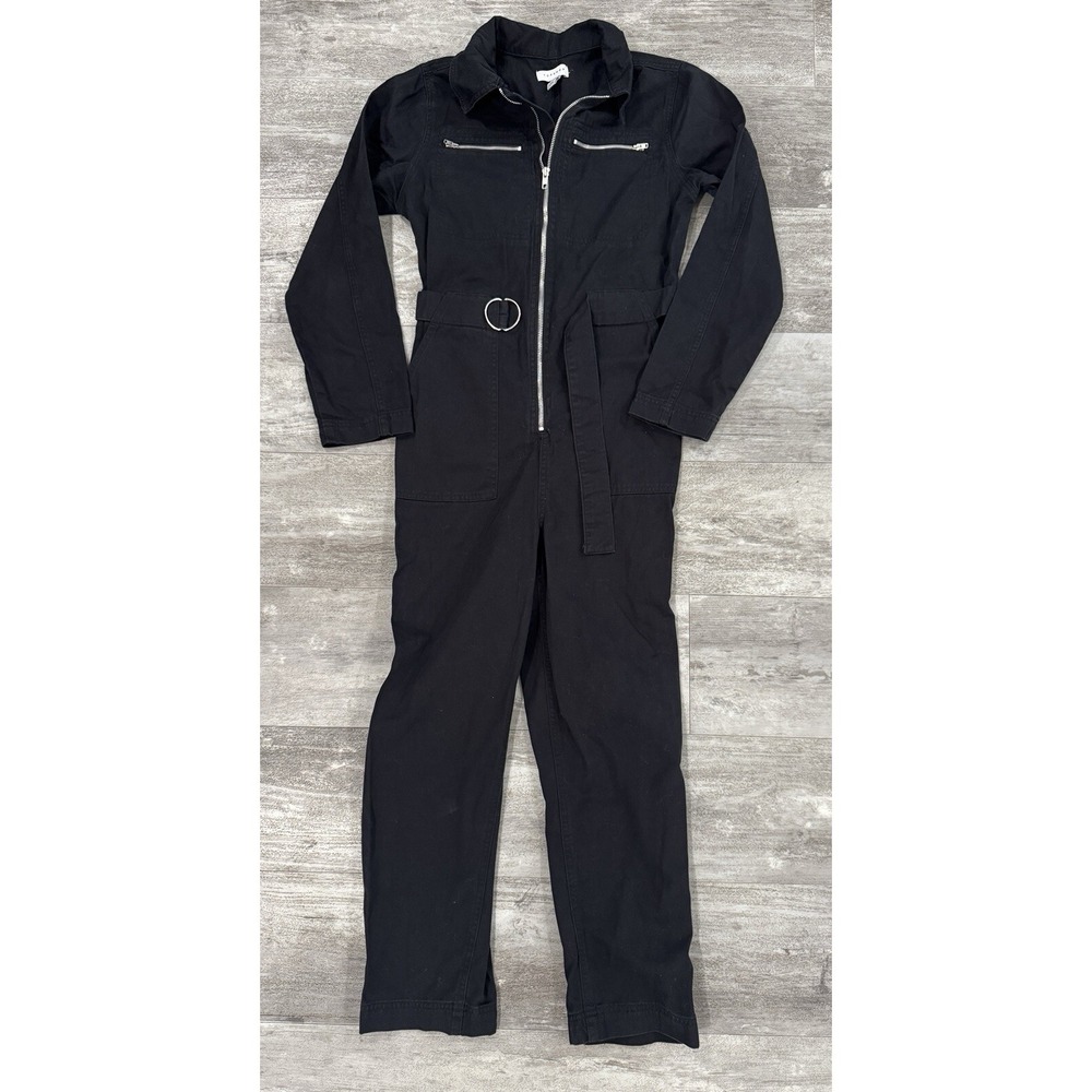 Topshop Black Cotton Denim Long Sleeve Zip Front Jumpsuit Womens Size 2 Belted
